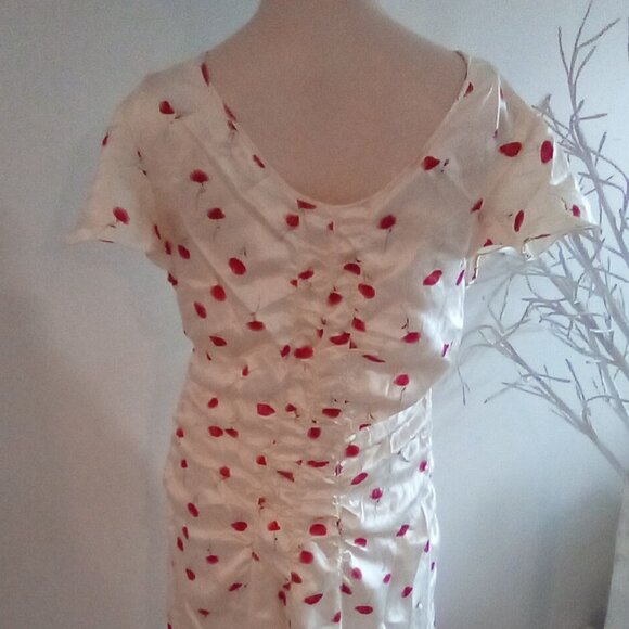 Silk Charmeuse Cherry Print Ruched Dress Size M - Picture 7 of 11